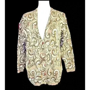 SAVILLE - RENA ROWAN Woman's SAGE GREEN w/IVORY Print Cardigan Tunic Sweater Sm